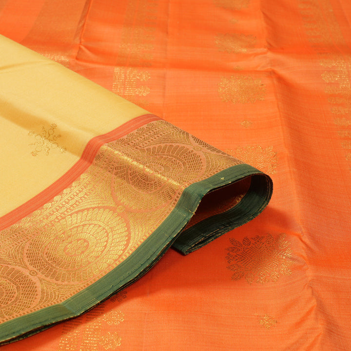 Hayagrivas Handloom Pale Yellow Kanjivaram Silk Saree with Orange Border KBF136D4-1