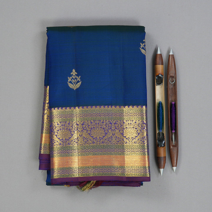 Hayagrivas Handloom Peacock Blue Kanjivaram Silk Saree with Violet Border KBF136D7-4