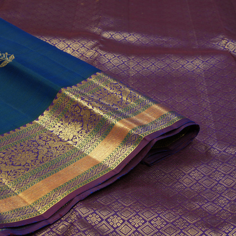 Hayagrivas Handloom Peacock Blue Kanjivaram Silk Saree with Violet Border KBF136D7-4