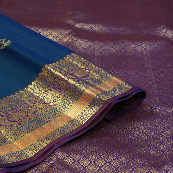 Hayagrivas Handloom Peacock Blue Kanjivaram Silk Saree with Violet Border KBF136D7-4