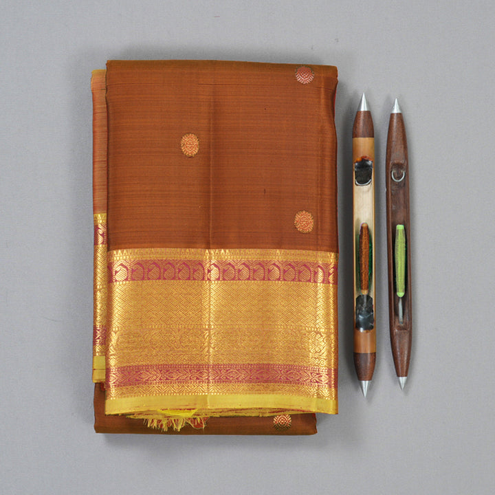 Hayagrivas Handloom Rust Kanjivaram Silk Saree with Sampanga Green Border KBF136D7-5