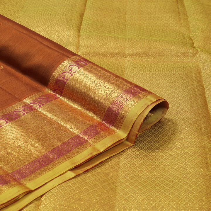 Hayagrivas Handloom Rust Kanjivaram Silk Saree with Sampanga Green Border KBF136D7-5