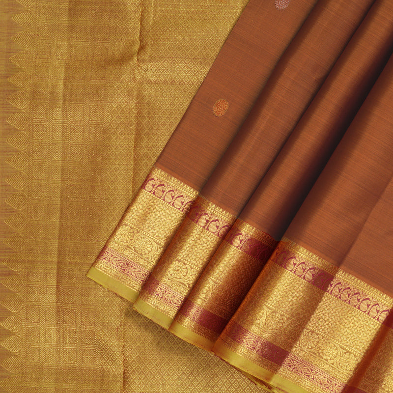Hayagrivas Handloom Rust Kanjivaram Silk Saree with Sampanga Green Border KBF136D7-5