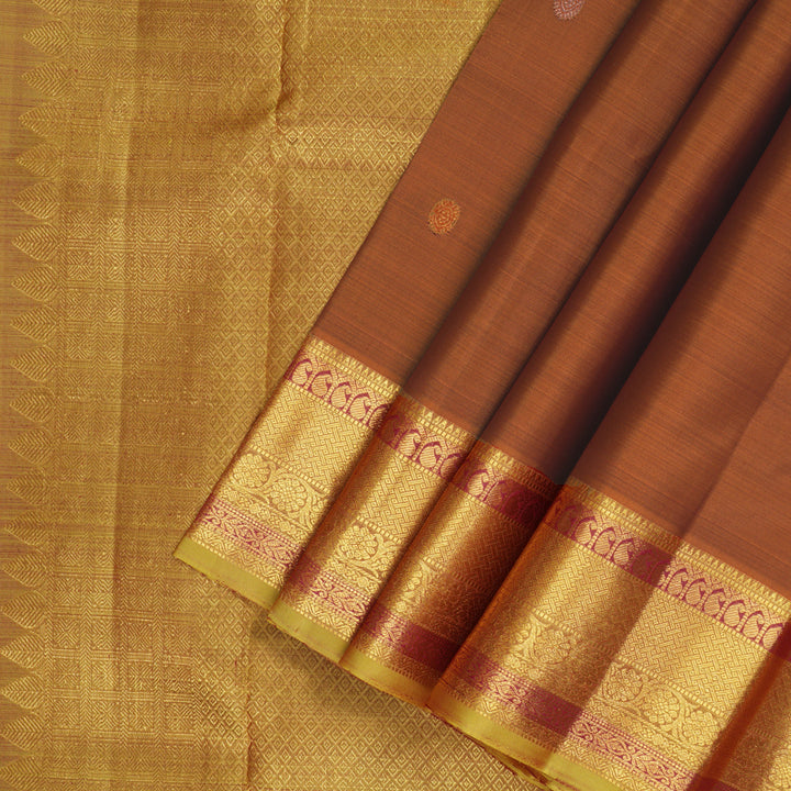 Hayagrivas Handloom Rust Kanjivaram Silk Saree with Sampanga Green Border KBF136D7-5