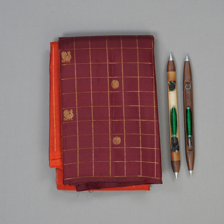 Hayagrivas Handloom Rust Orange Kanjivaram Silk Saree with Araku Maroon Border KBF136D8-1