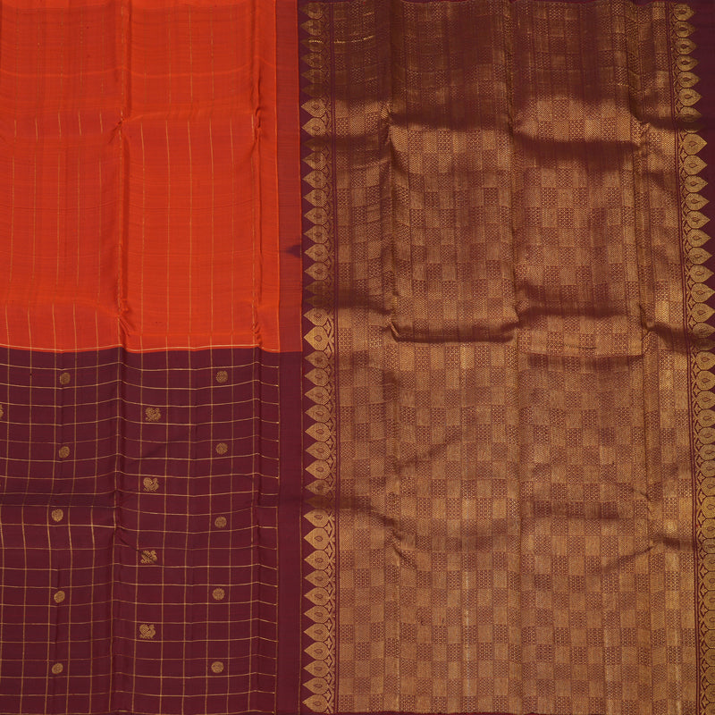 Hayagrivas Handloom Rust Orange Kanjivaram Silk Saree with Araku Maroon Border KBF136D8-1
