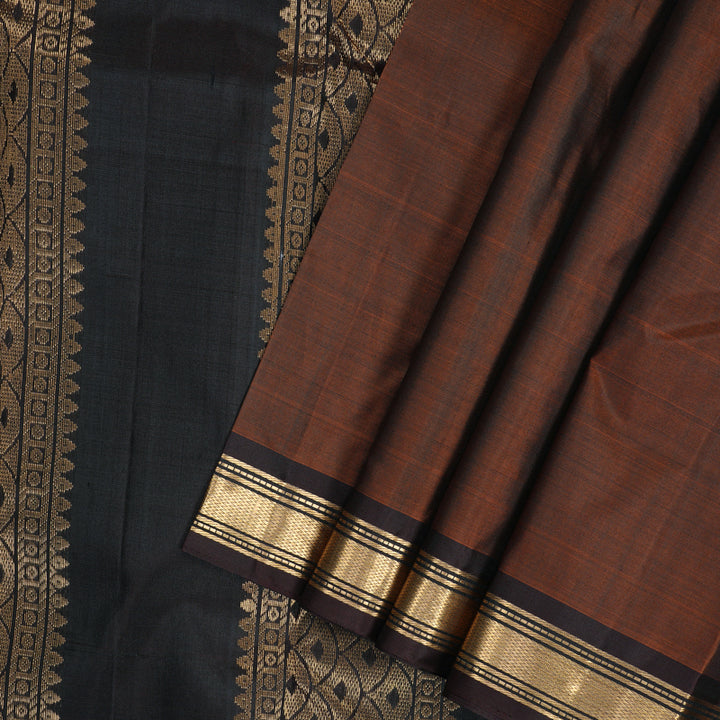 Hayagrivas Handloom Rust Brown Kanjivaram Silk Saree with Dark Brown Border KBF137D10-14