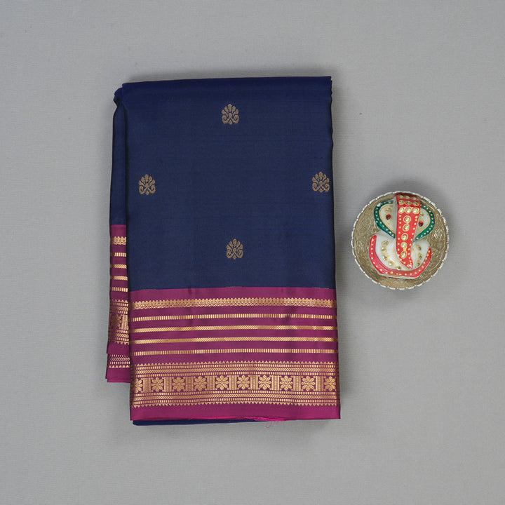Hayagrivas Handloom Navy Blue Kanjivaram Silk Saree with Purple Border KBF137D8-1