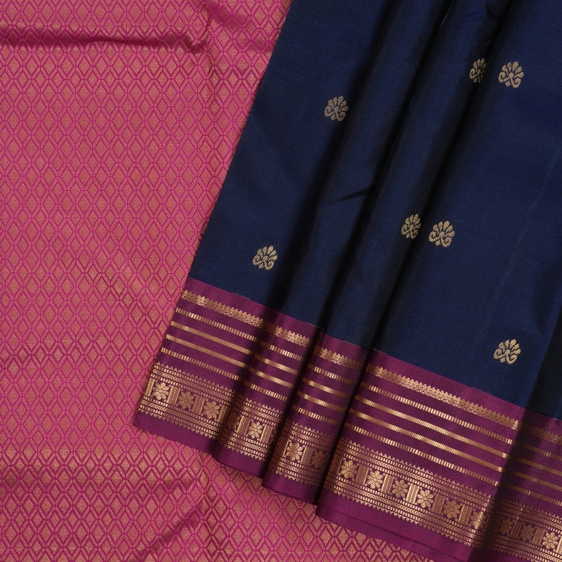 Hayagrivas Handloom Navy Blue Kanjivaram Silk Saree with Purple Border KBF137D8-1
