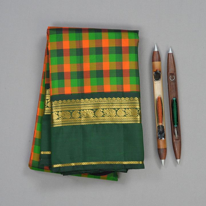 Hayagrivas Handloom Multicolour Checks Kanjivaram Silk Saree with Bottle Green Border KBF13D16-1
