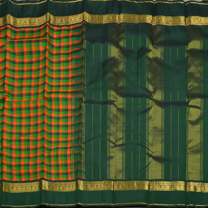 Hayagrivas Handloom Multicolour Checks Kanjivaram Silk Saree with Bottle Green Border KBF13D16-1