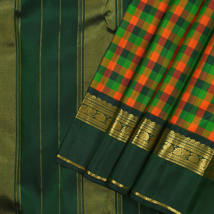 Hayagrivas Handloom Multicolour Checks Kanjivaram Silk Saree with Bottle Green Border KBF13D16-1