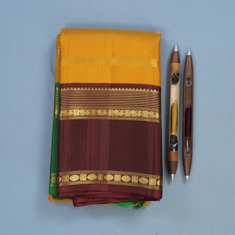 Hayagrivas Handloom Mustard Kanjivaram Silk Saree with Ganga Jamuna Border KBF13D19-1