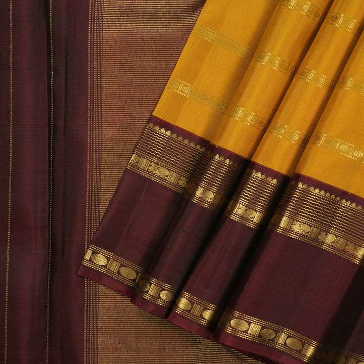 Hayagrivas Handloom Mustard Kanjivaram Silk Saree with Ganga Jamuna Border KBF13D19-1