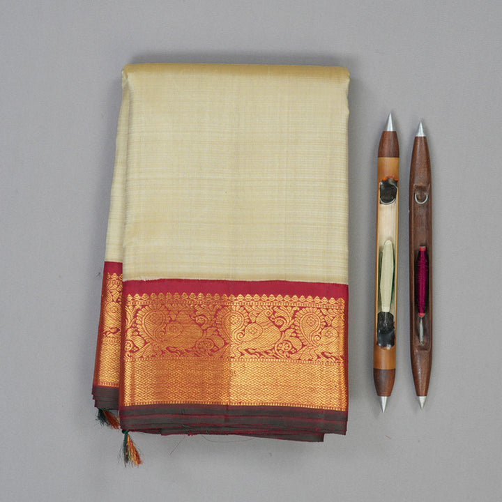 Hayagrivas Handloom Sandal Beige Kanjivaram Silk Saree with Maroon Border KBF13D27-1