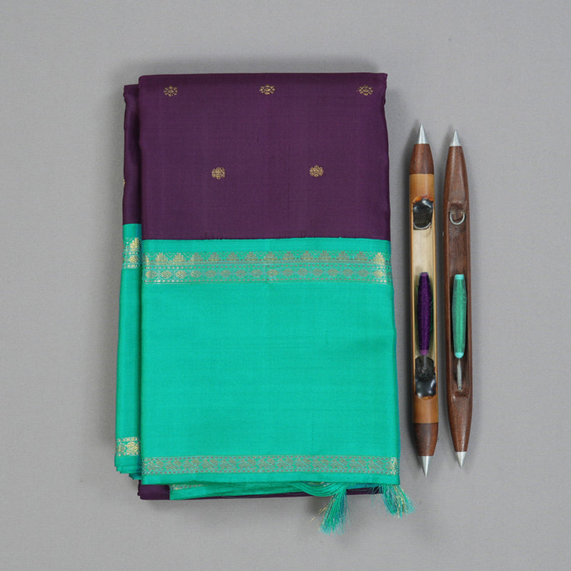 Hayagrivas Handloom Brinjal Purple Kanjivaram Silk Saree with Sea Green Border KBF142D3-1