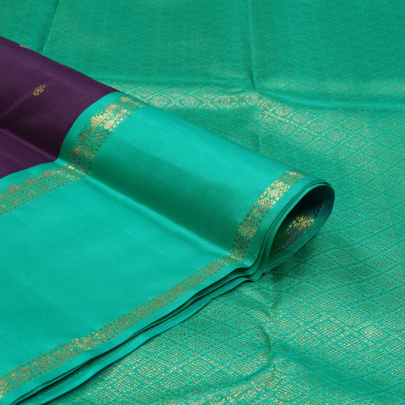 Hayagrivas Handloom Brinjal Purple Kanjivaram Silk Saree with Sea Green Border KBF142D3-1