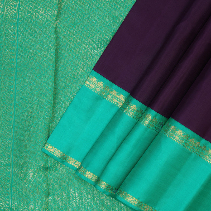 Hayagrivas Handloom Brinjal Purple Kanjivaram Silk Saree with Sea Green Border KBF142D3-1