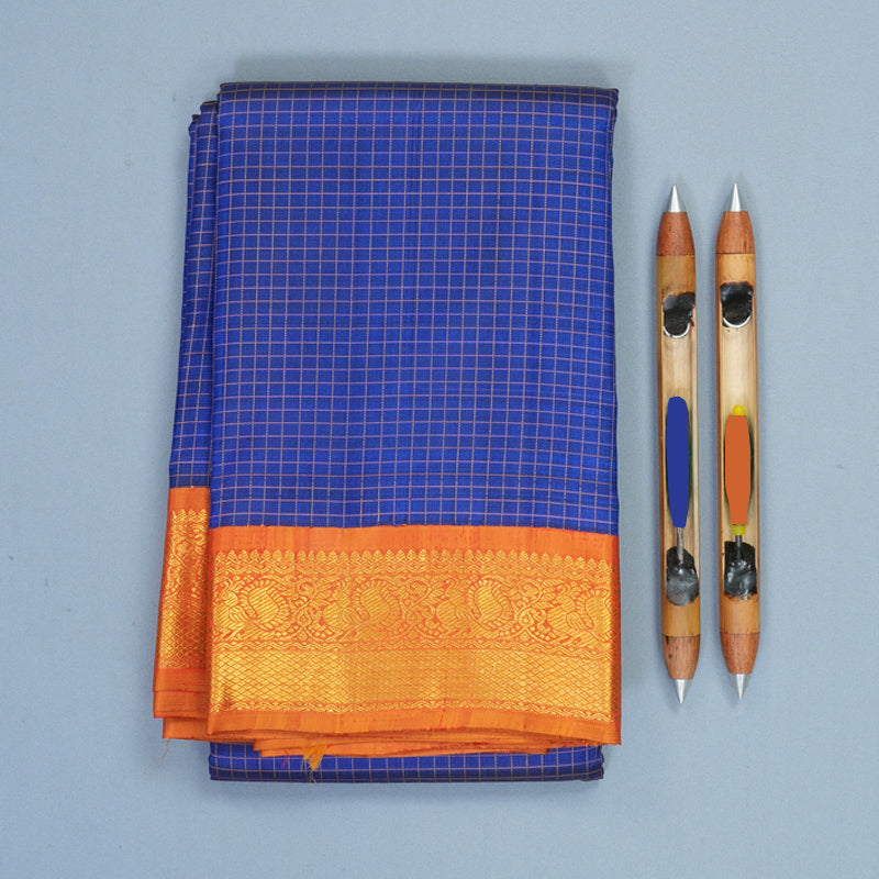 Hayagrivas Handloom MS Blue Kanjivaram Silk Saree with Golden Orange Border KBF146D1-1
