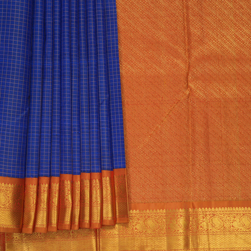 Hayagrivas Handloom MS Blue Kanjivaram Silk Saree with Golden Orange Border KBF146D1-1