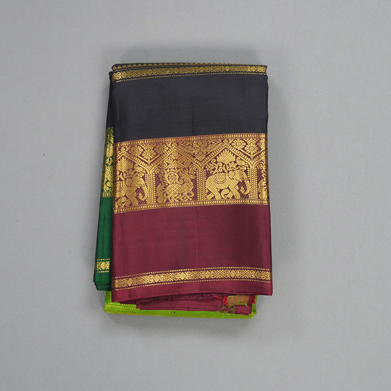 Hayagrivas Handloom Parrot Green Kanjivaram Silk Saree with Ganga Jamuna Border KBF146D4-1