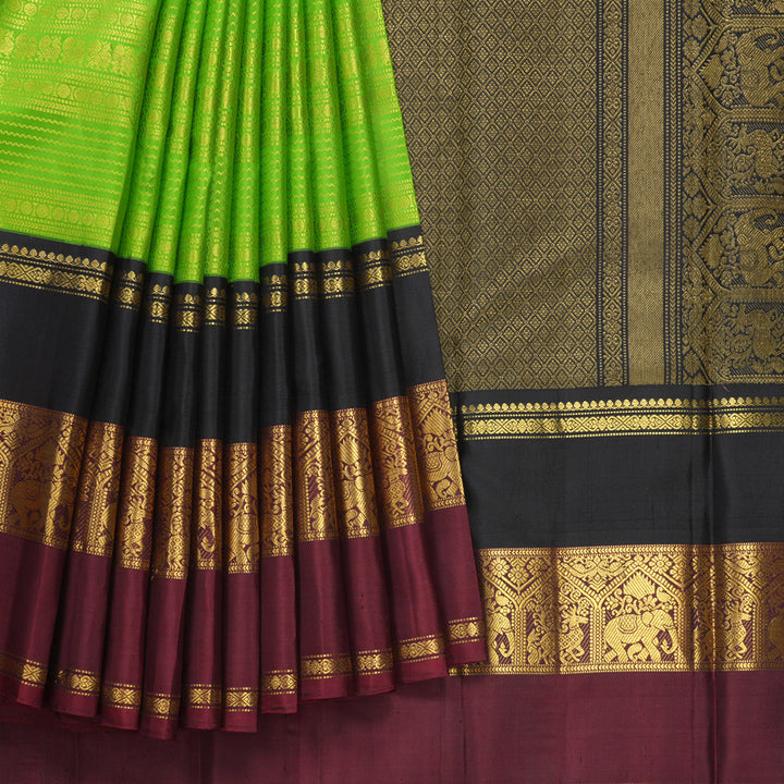 Hayagrivas Handloom Parrot Green Kanjivaram Silk Saree with Ganga Jamuna Border KBF146D4-1