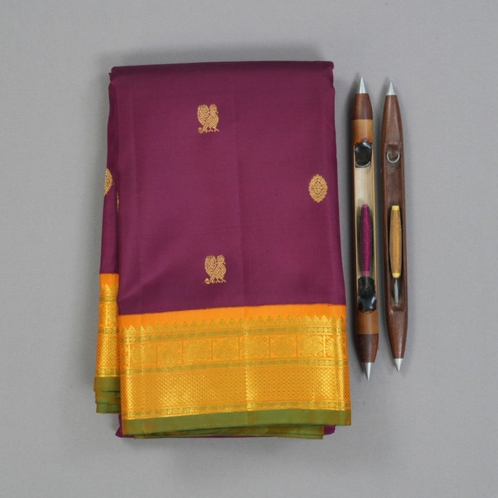 Hayagrivas Handloom Wine Magenta Kanjivaram Silk Saree with Turmeric Yellow Border KBF147D10-1