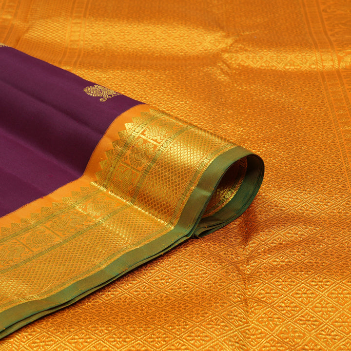 Hayagrivas Handloom Wine Magenta Kanjivaram Silk Saree with Turmeric Yellow Border KBF147D10-1