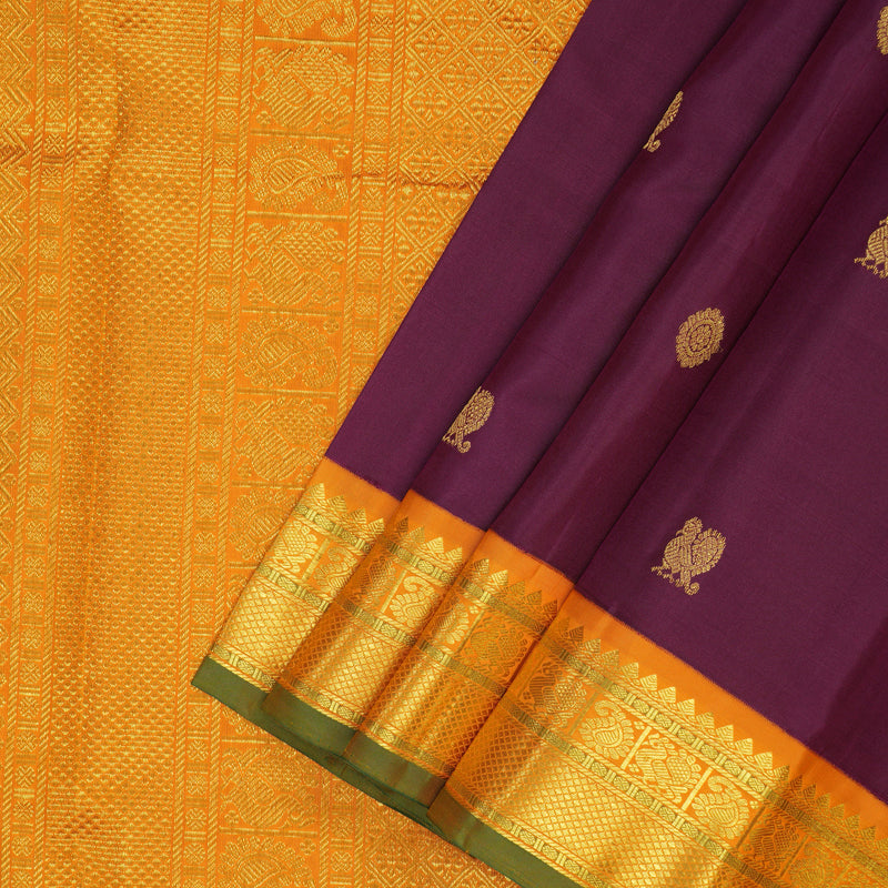 Hayagrivas Handloom Wine Magenta Kanjivaram Silk Saree with Turmeric Yellow Border KBF147D10-1