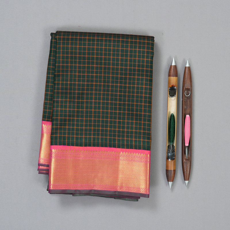 Hayagrivas Handloom Bottle Green Kanjivaram Silk Saree with Orangish-Pink Border KBF147D6-1