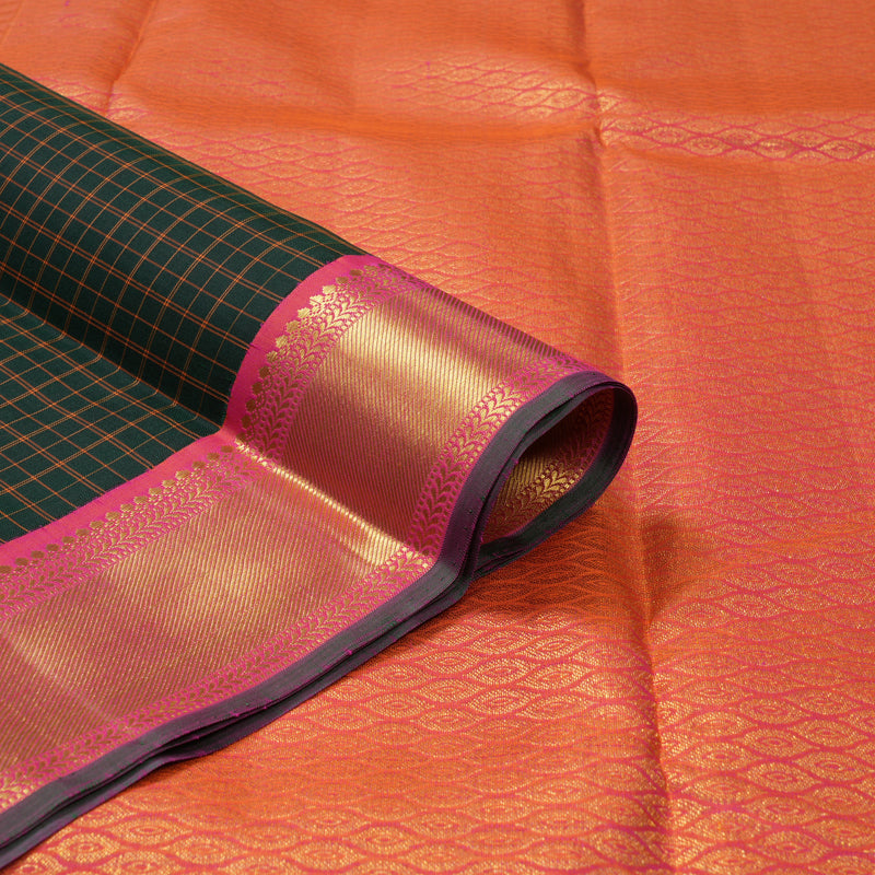 Hayagrivas Handloom Bottle Green Kanjivaram Silk Saree with Orangish-Pink Border KBF147D6-1