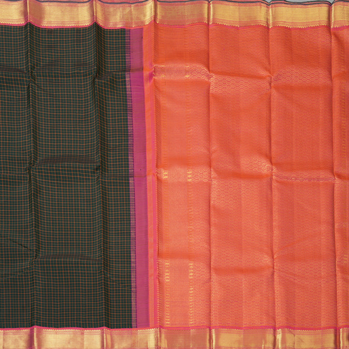 Hayagrivas Handloom Bottle Green Kanjivaram Silk Saree with Orangish-Pink Border KBF147D6-1