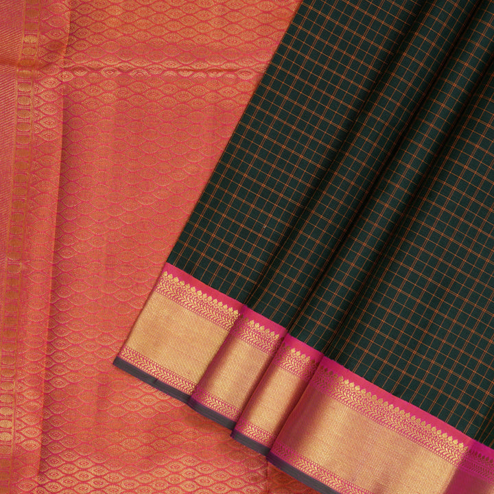 Hayagrivas Handloom Bottle Green Kanjivaram Silk Saree with Orangish-Pink Border KBF147D6-1