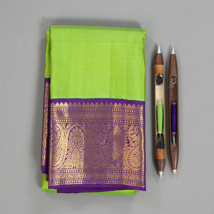 Hayagrivas Handloom Fluorescent Green Kanjivaram Silk Saree with Purple Border KBF149D1-1