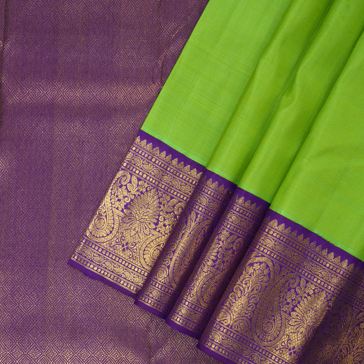 Hayagrivas Handloom Fluorescent Green Kanjivaram Silk Saree with Purple Border KBF149D1-1