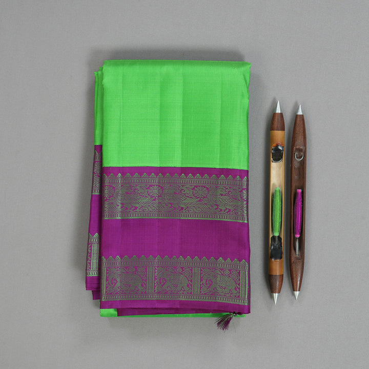 Hayagrivas Handloom Parrot Green Kanjivaram Silk Saree with Vadamalli Purple Border KBF149D1-3