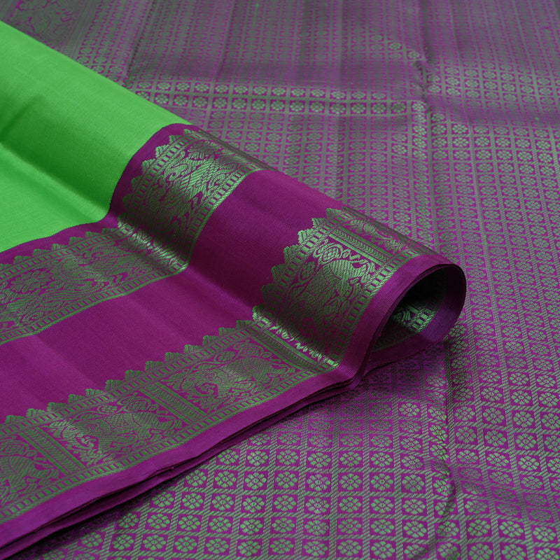 Hayagrivas Handloom Parrot Green Kanjivaram Silk Saree with Vadamalli Purple Border KBF149D1-3