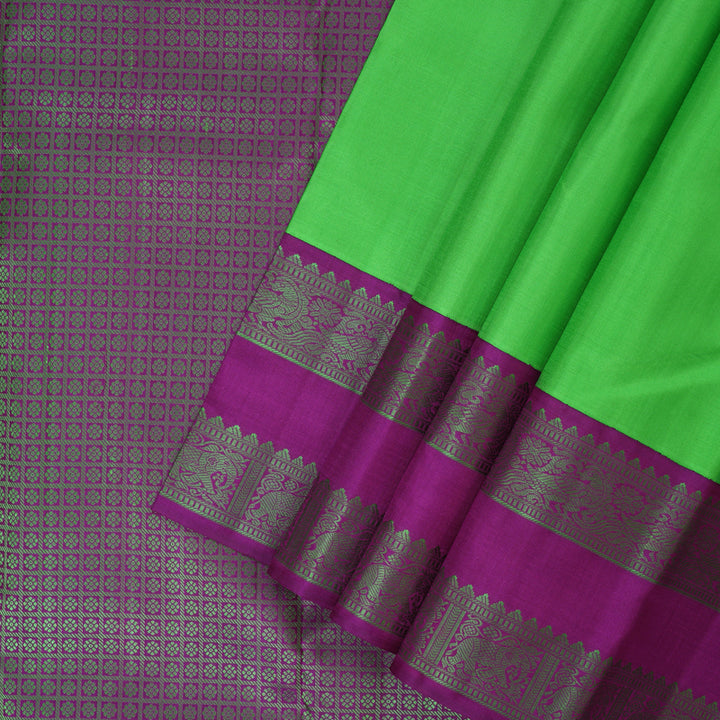 Hayagrivas Handloom Parrot Green Kanjivaram Silk Saree with Vadamalli Purple Border KBF149D1-3