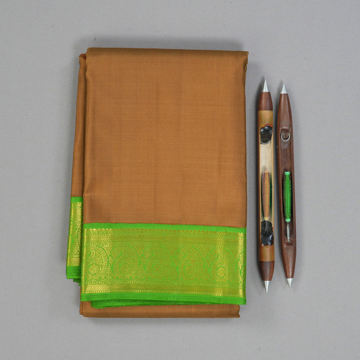 Hayagrivas Handloom Mild Chocolate Brown Kanjivaram Silk Saree with Parrot Green Border KBF149D2-1