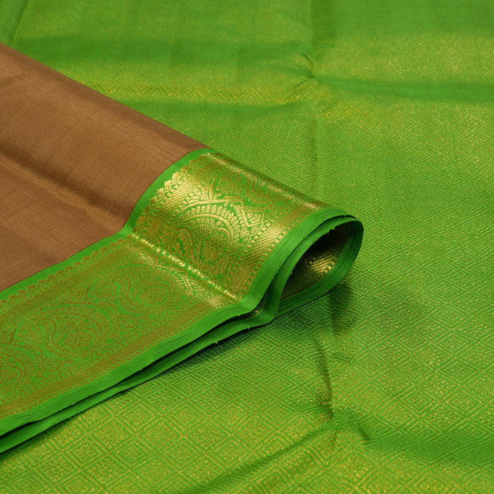 Hayagrivas Handloom Mild Chocolate Brown Kanjivaram Silk Saree with Parrot Green Border KBF149D2-1