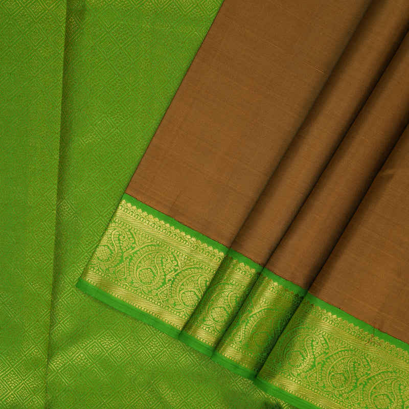 Hayagrivas Handloom Mild Chocolate Brown Kanjivaram Silk Saree with Parrot Green Border KBF149D2-1