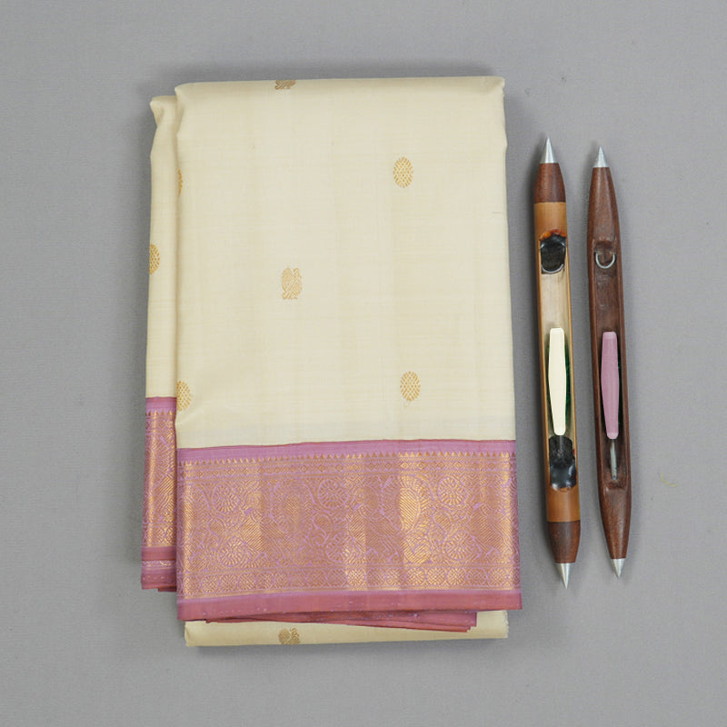 Hayagrivas Handloom ivory Kanjivaram Silk Saree with Lotus Pink Border KBF149D3-1