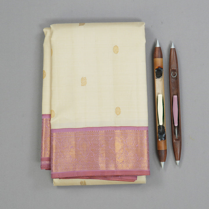 Hayagrivas Handloom ivory Kanjivaram Silk Saree with Lotus Pink Border KBF149D3-1