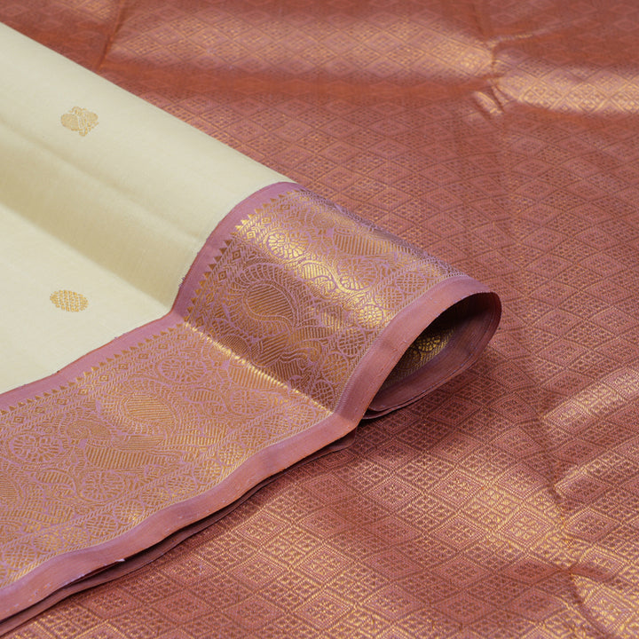 Hayagrivas Handloom ivory Kanjivaram Silk Saree with Lotus Pink Border KBF149D3-1