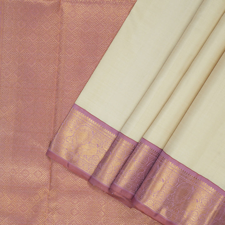 Hayagrivas Handloom ivory Kanjivaram Silk Saree with Lotus Pink Border KBF149D3-1