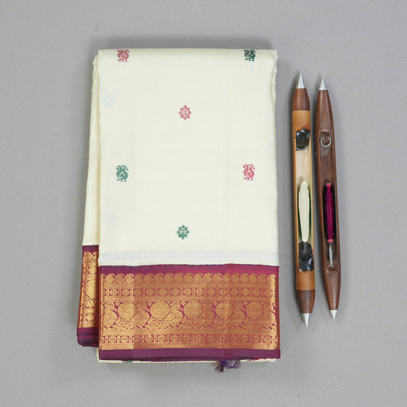 Hayagrivas Handloom Half-White Kanjivaram Silk Saree with Wine Border KBF151D13-7