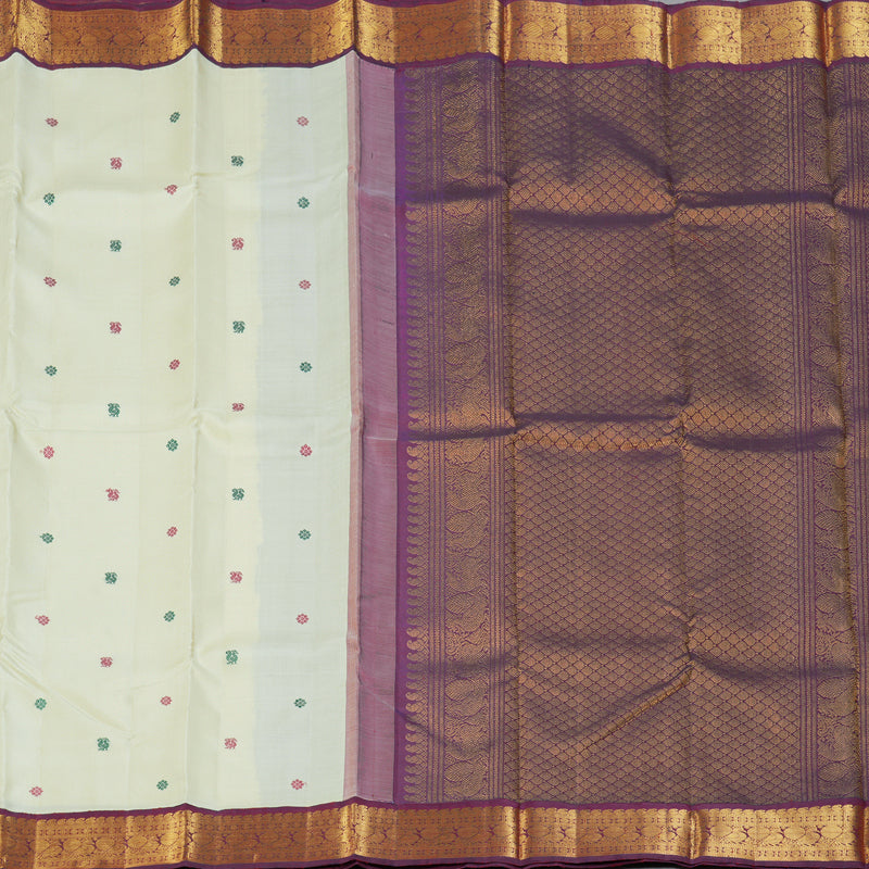 Hayagrivas Handloom Half-White Kanjivaram Silk Saree with Wine Border KBF151D13-7