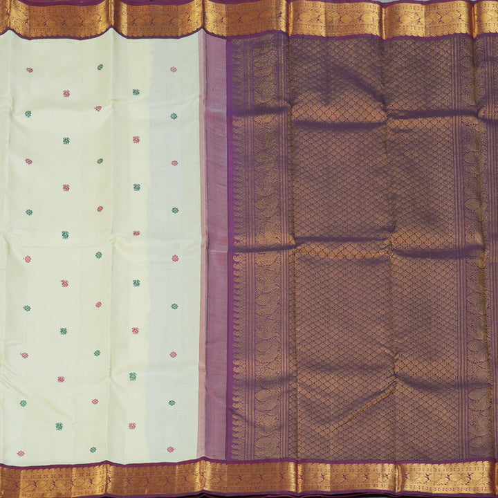 Hayagrivas Handloom Half-White Kanjivaram Silk Saree with Wine Border KBF151D13-7