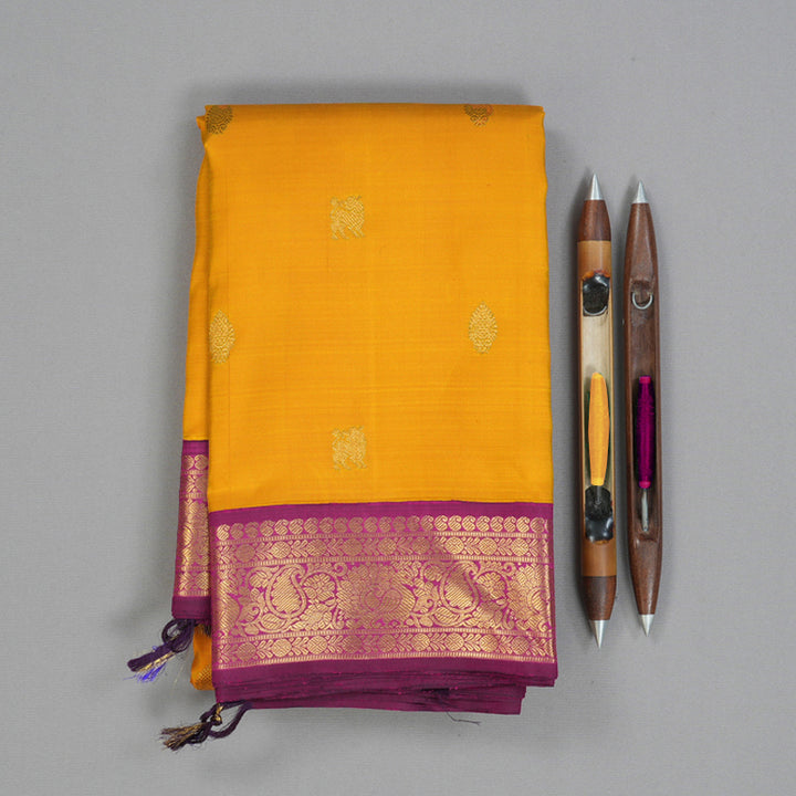 Hayagrivas Handloom Mustard Kanjivaram Silk Saree with Purple Border KBF151D13-8