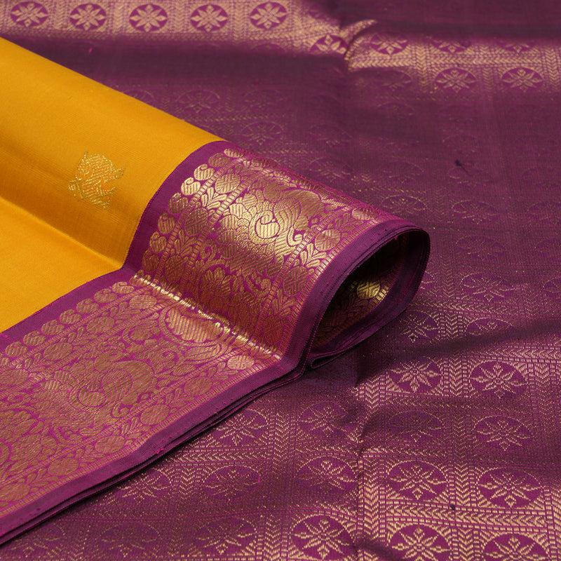 Hayagrivas Handloom Mustard Kanjivaram Silk Saree with Purple Border KBF151D13-8